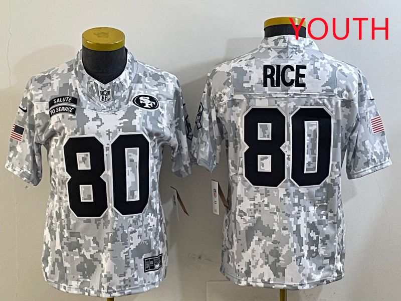 Youth San Francisco 49ers 80 Rice Nike Arctic Camo 2025 Salute to Service Limited NFL Jersey style 1